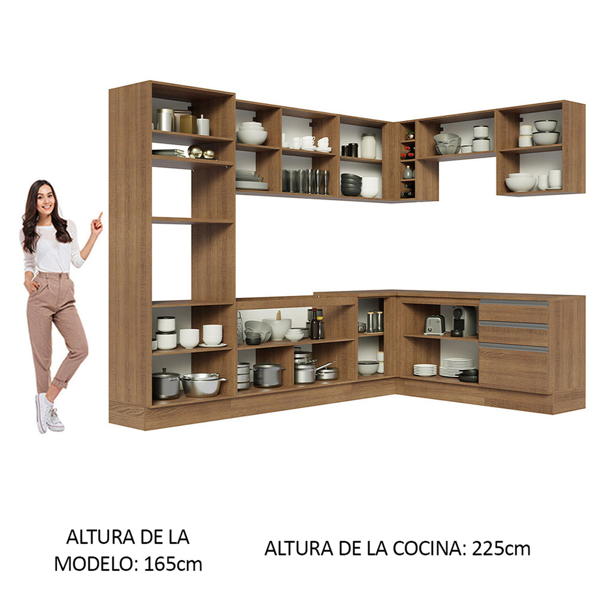 Cocina Integral Glamy Marrón 479x225cm sin Mesón para Pozuelo Izquierda y sin Estufa