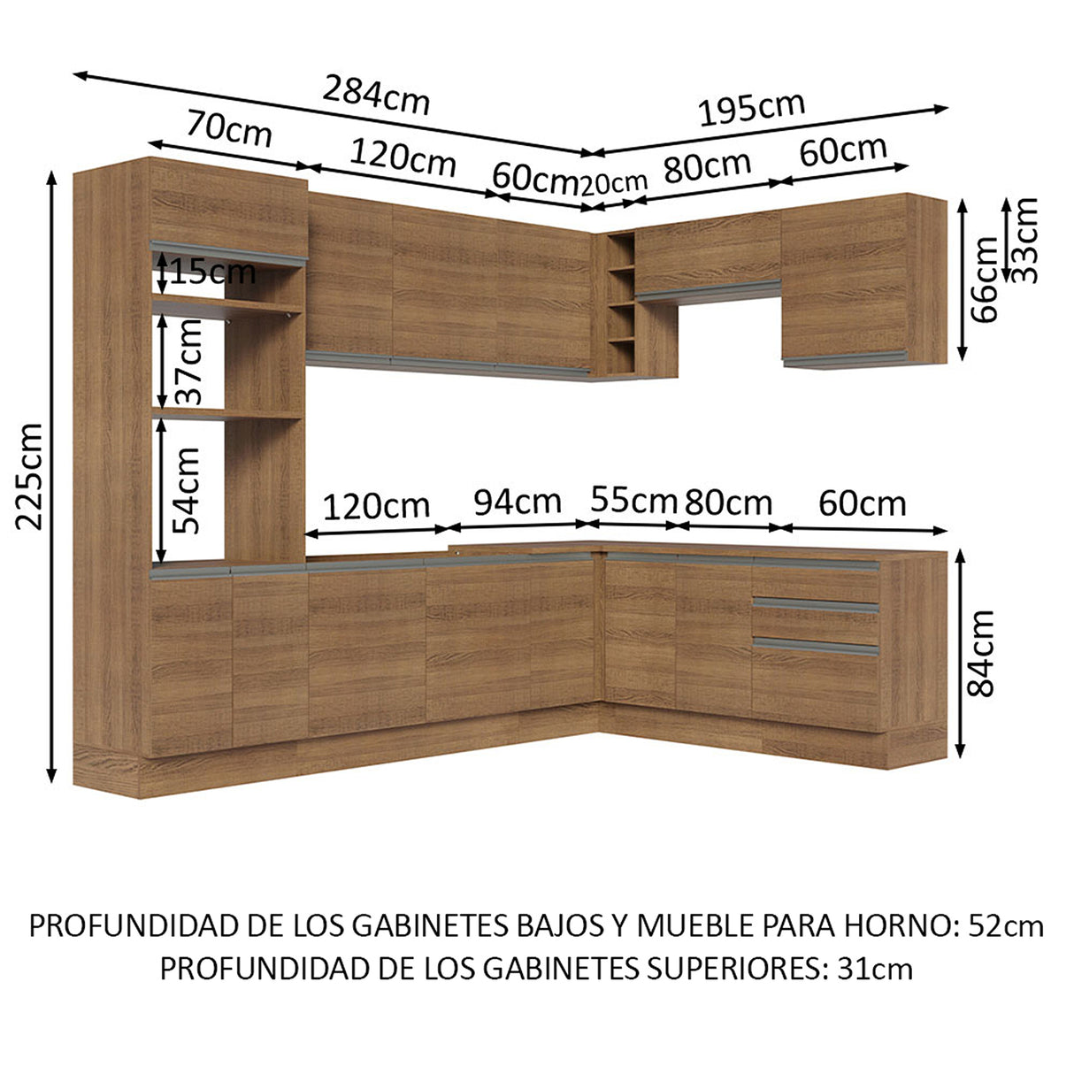 Cocina Integral Glamy Marrón 479x225cm sin Mesón para Pozuelo Izquierda y sin Estufa