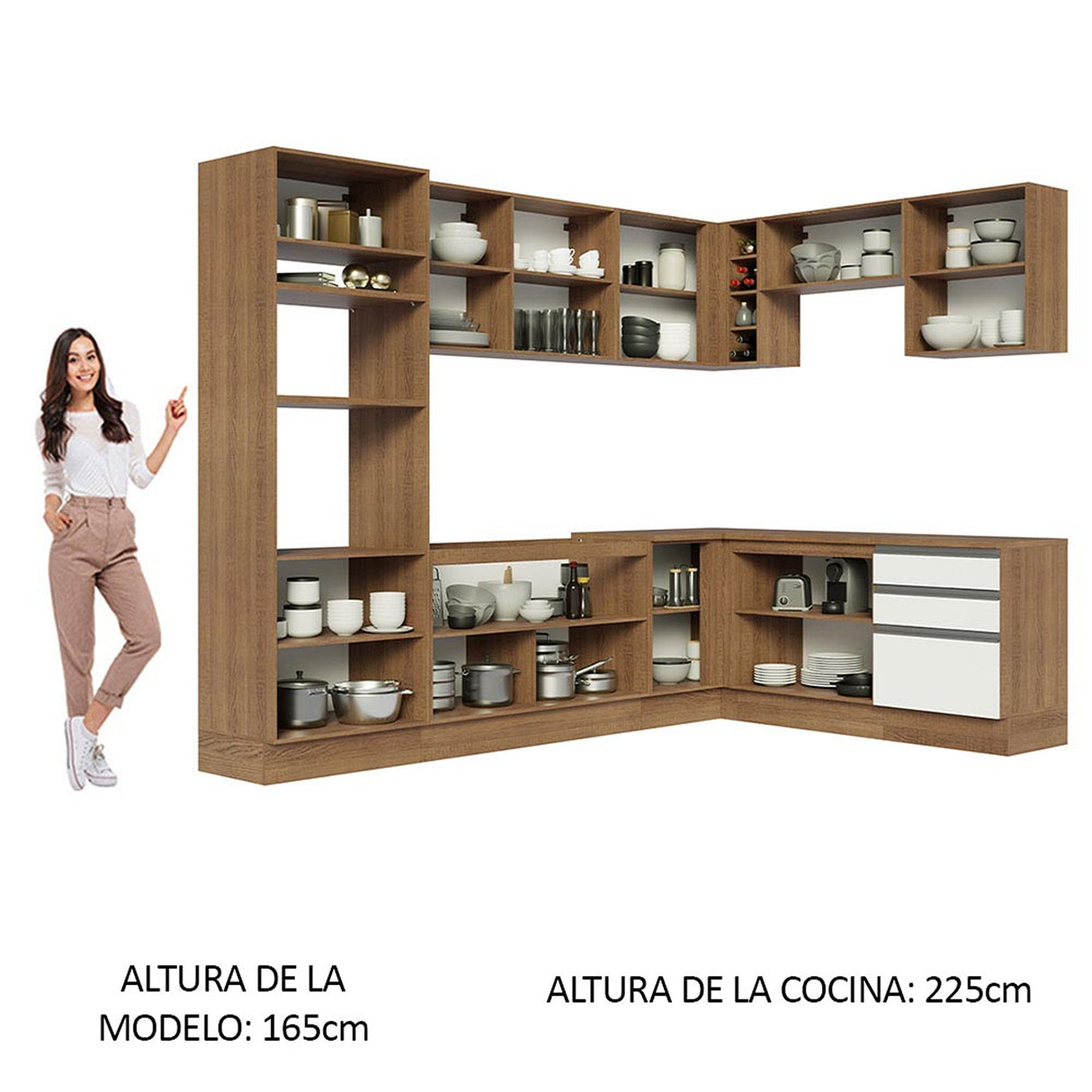 Cocina Integral Glamy Marrón y Blanco 479x225cm sin Mesón para Pozuelo Izquierda y sin Estufa