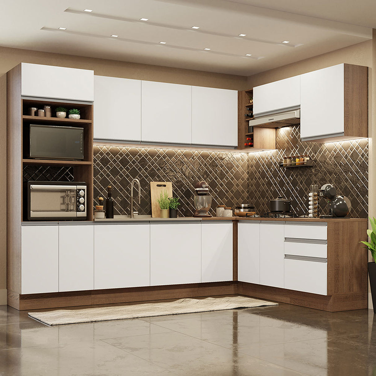Cocina Integral Glamy Marrón y Blanco 479x225cm sin Mesón para Pozuelo Izquierda y sin Estufa