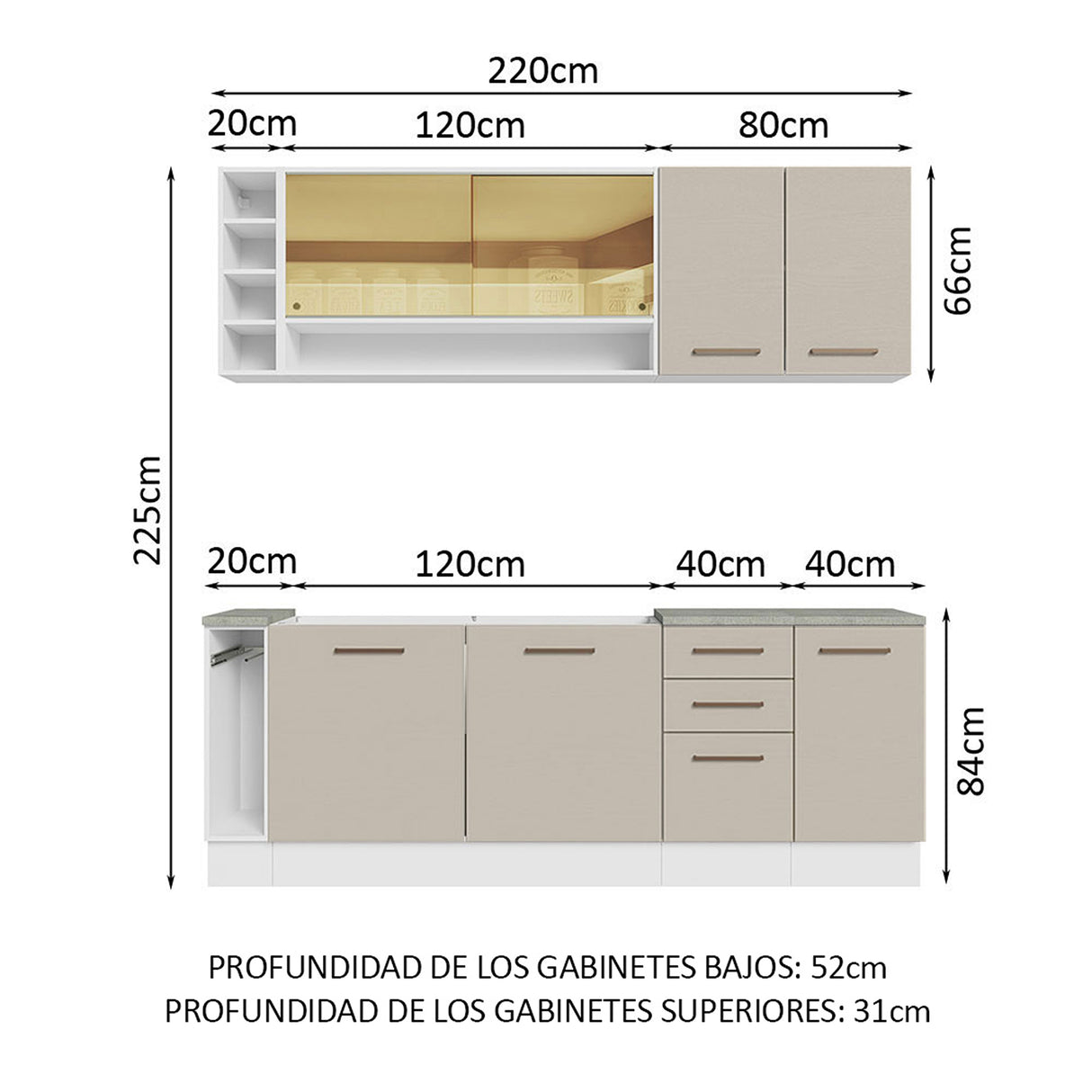 Cocina Integral Agata Blanco y Crema 220x225cm sin Mesón para Pozuelo Izquierda y sin Estufa