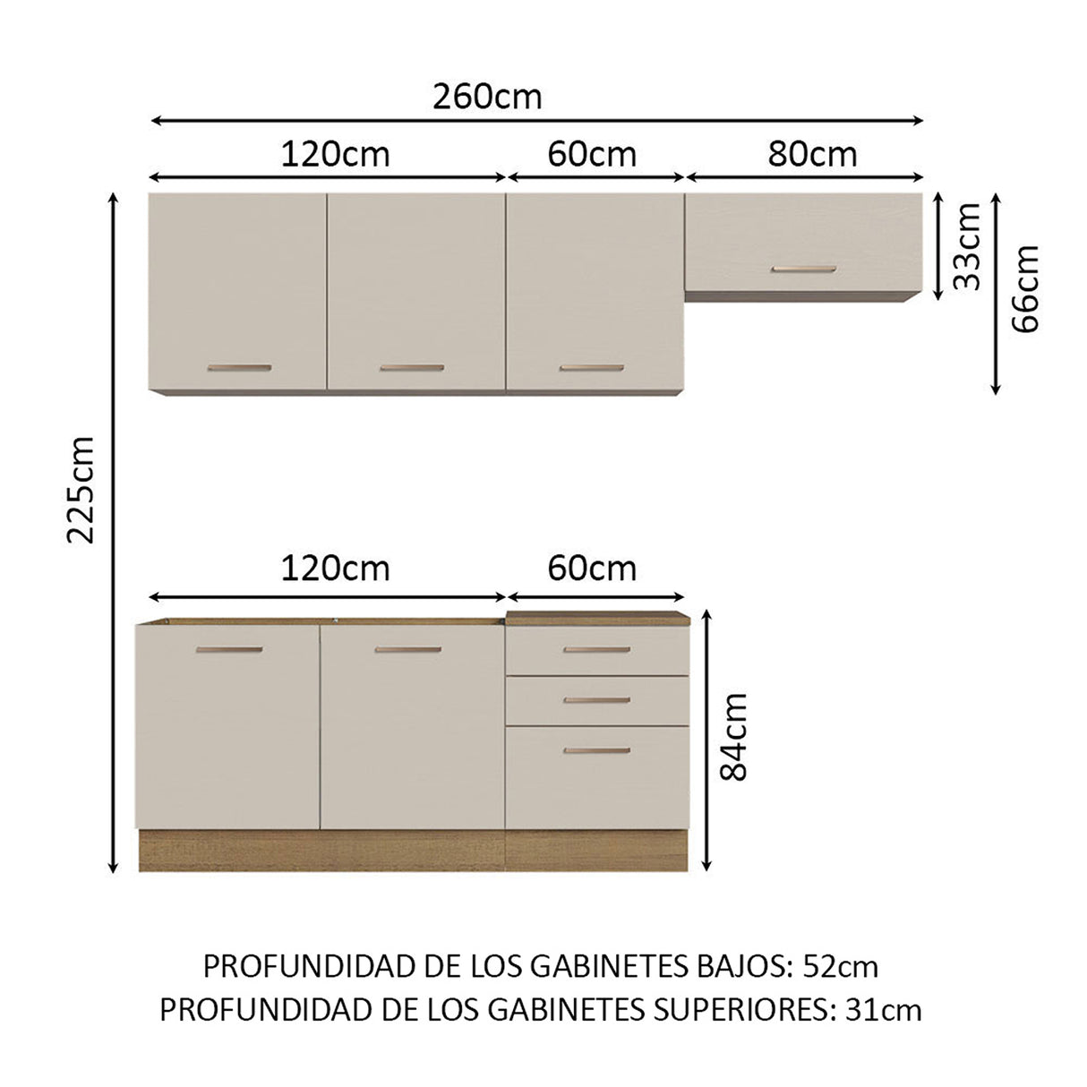 Cocina Integral Agata Marrón y Crema 260x225cm sin Mesón para Pozuelo Izquierda y sin Estufa