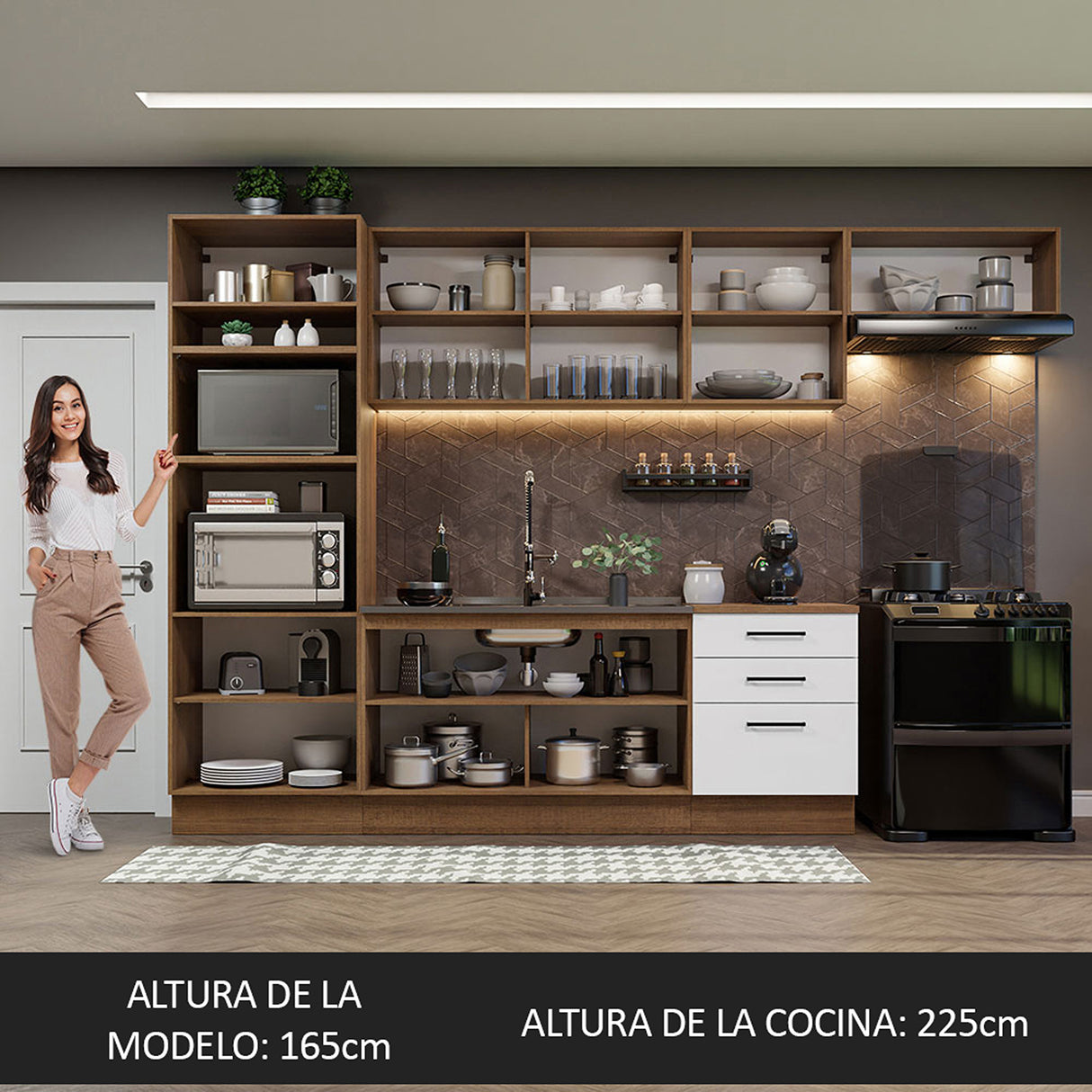 Cocina Integral Agata Marrón y Blanco 330x225cm sin Mesón para Pozuelo Izquierda y sin Estufa