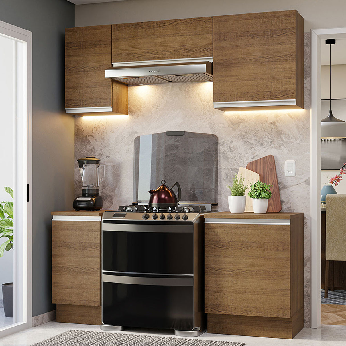 Cocina Integral Glamy Marrón 180x225cm con Mesón de Madera Aglomerada Mdp y sin Estufa