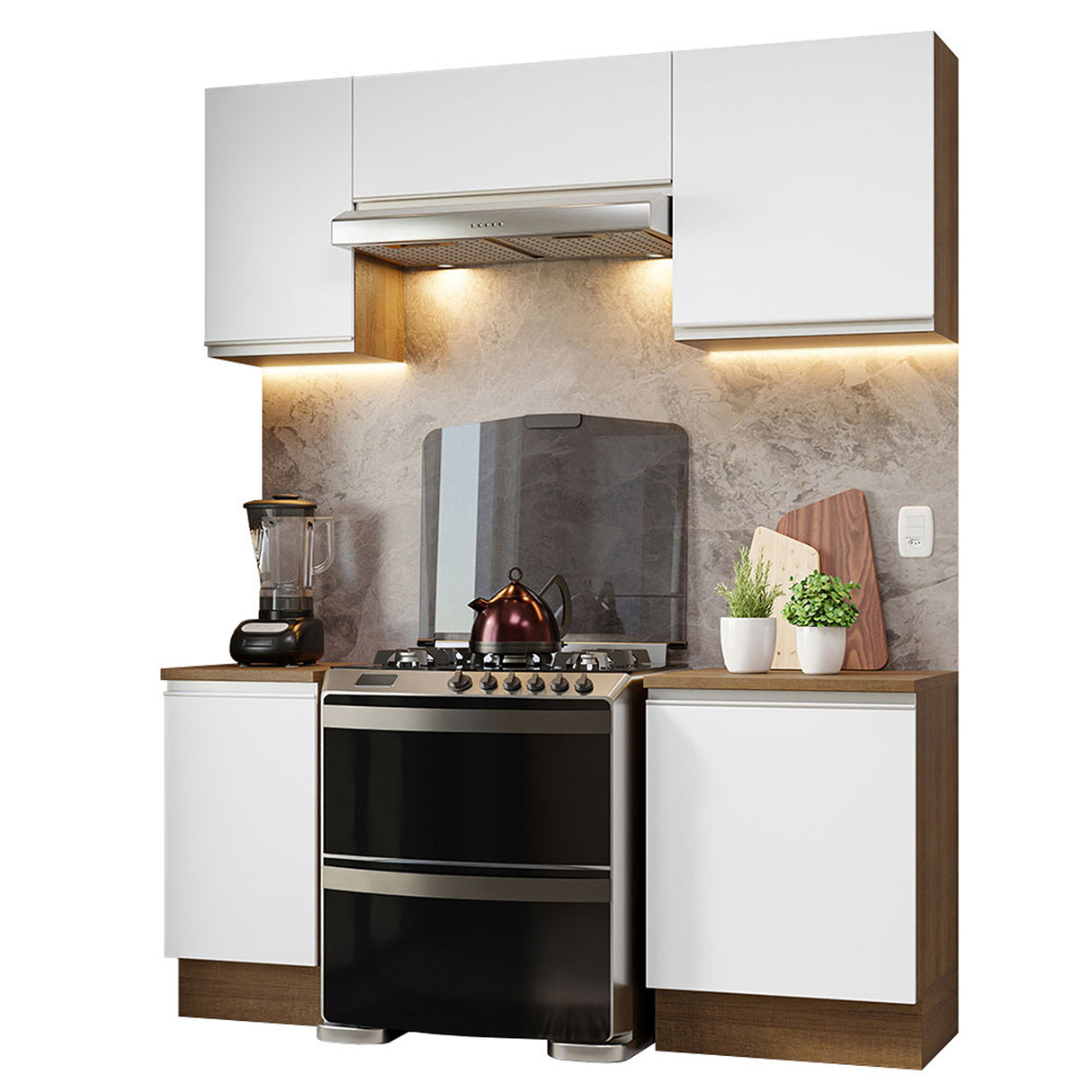Cocina Integral Glamy Marrón y Blanco 180x225cm con Mesón de Madera Aglomerada Mdp y sin Estufa