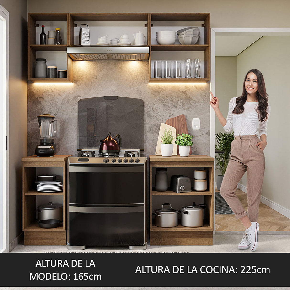 Cocina Integral Glamy Marrón y Blanco 180x225cm con Mesón de Madera Aglomerada Mdp y sin Estufa
