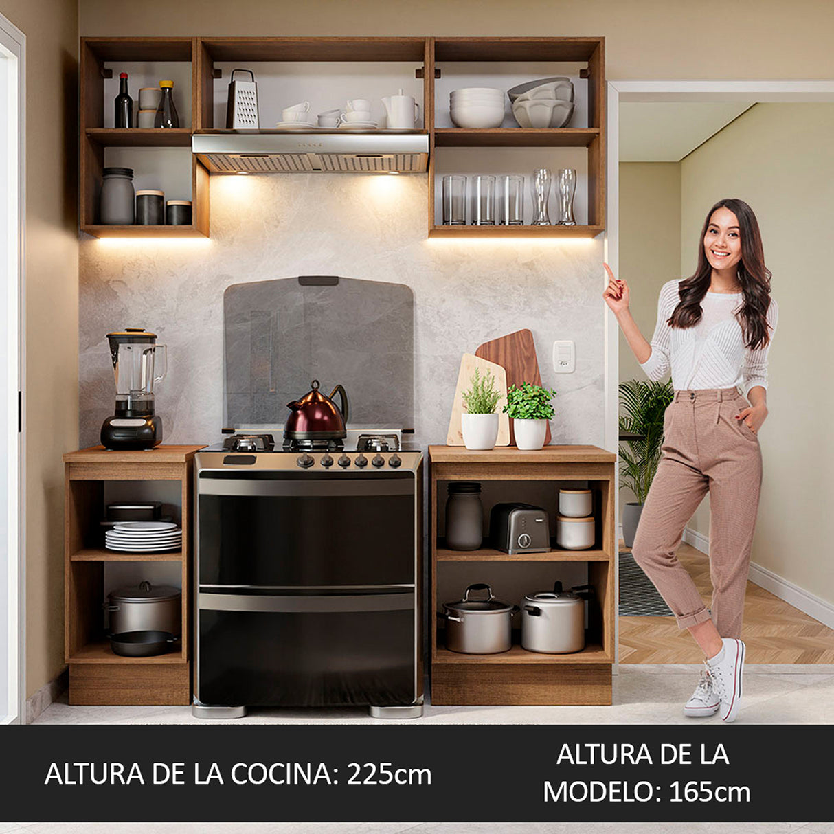 Cocina Integral Glamy Marrón y Negro 180x225cm con Mesón de Madera Aglomerada Mdp y sin Estufa