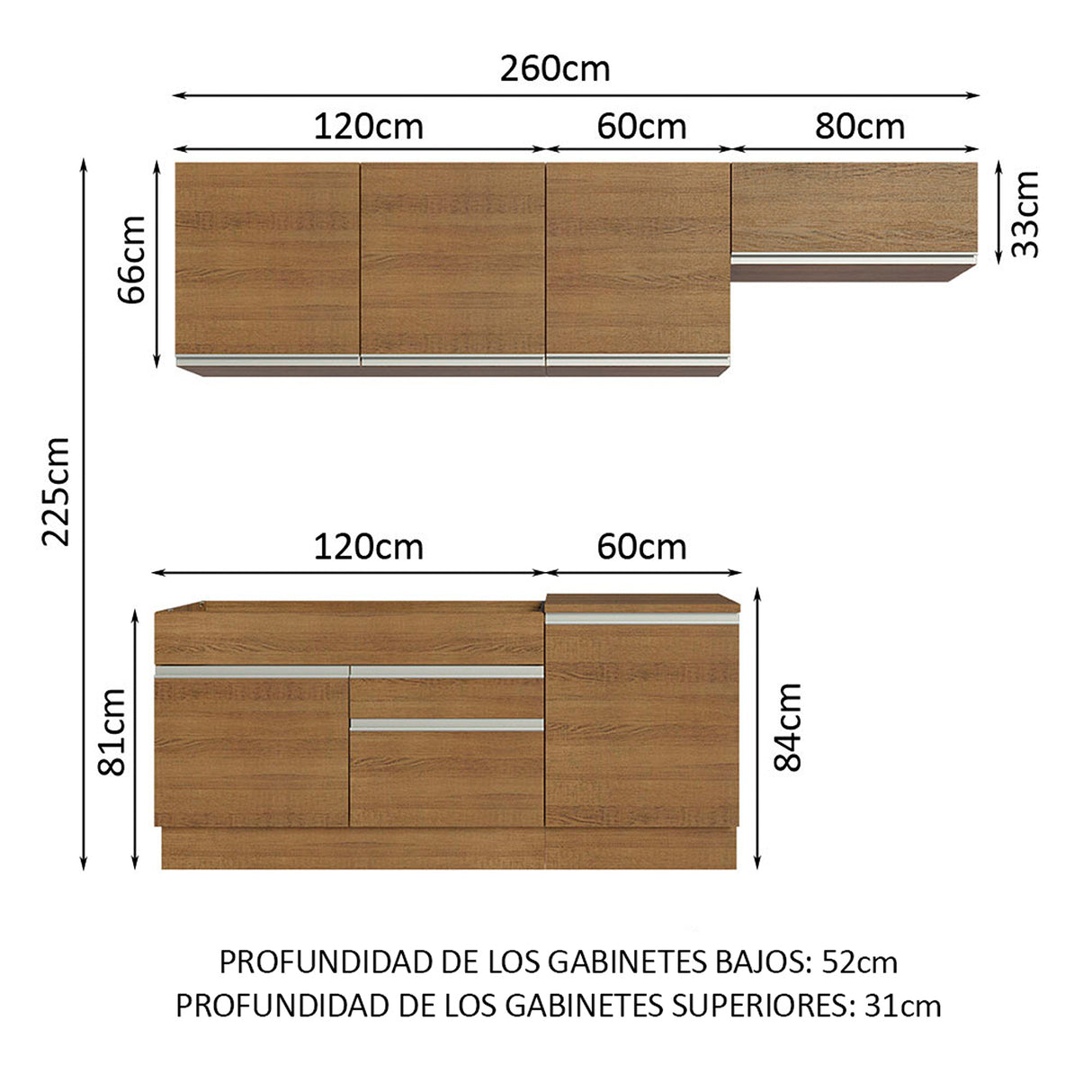 Cocina Integral Glamy Marrón 260x225cm sin Mesón para Pozuelo Izquierda y sin Estufa
