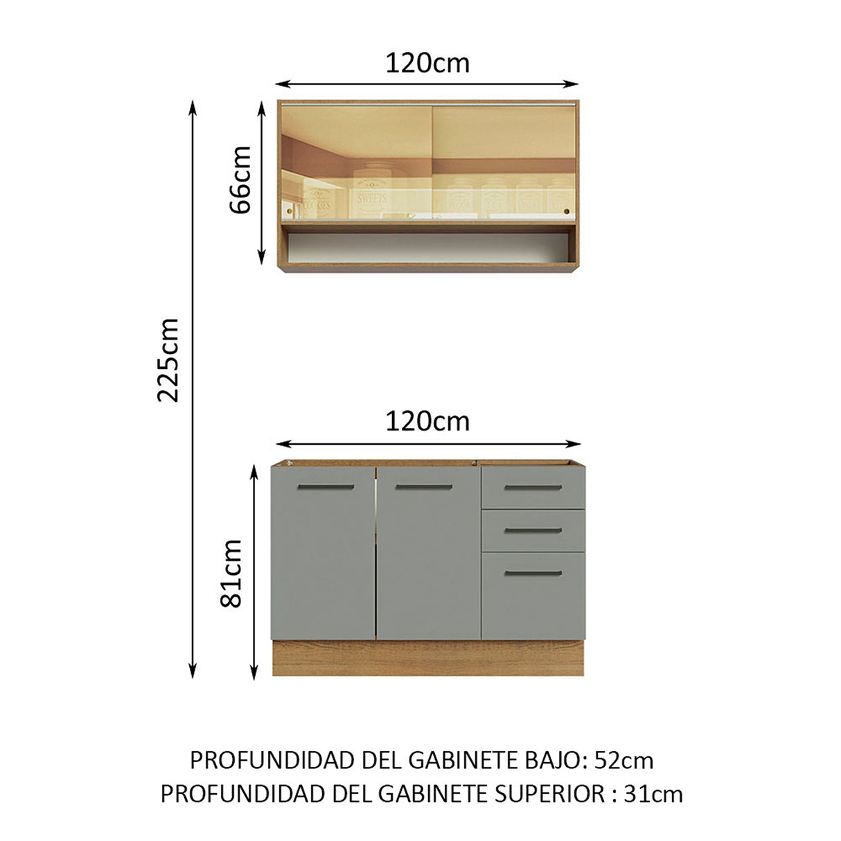 Cocina Integral Agata Marrón y Gris 120x225cm sin Mesón para Pozuelo Izquierda y sin Estufa