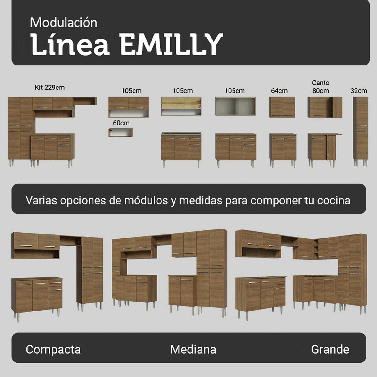 Cocina Integral Emily Marrón 137x186cm con Mesón de Madera Aglomerada Mdf con Siete Puertas y sin Estufa