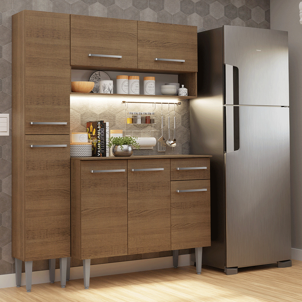 Cocina Integral Emily Marrón 137x186cm con Mesón de Madera Aglomerada Mdf con Siete Puertas y sin Estufa