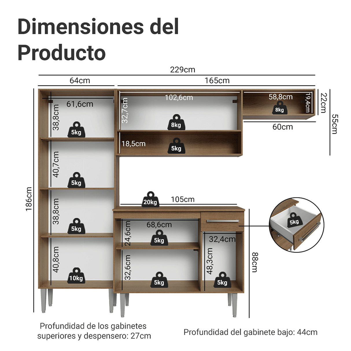 Cocina Integral Emily Marrón 229x186cm con Mesón de Madera Aglomerada Mdp con Nueve Puertas y sin Estufa