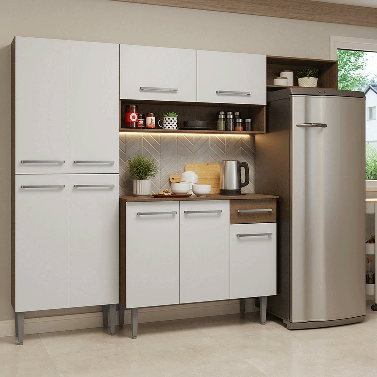 Cocina Integral Emily Marrón y Blanco 229x186cm con Mesón de Madera Aglomerada Mdp con Nueve Puertas y sin Estufa