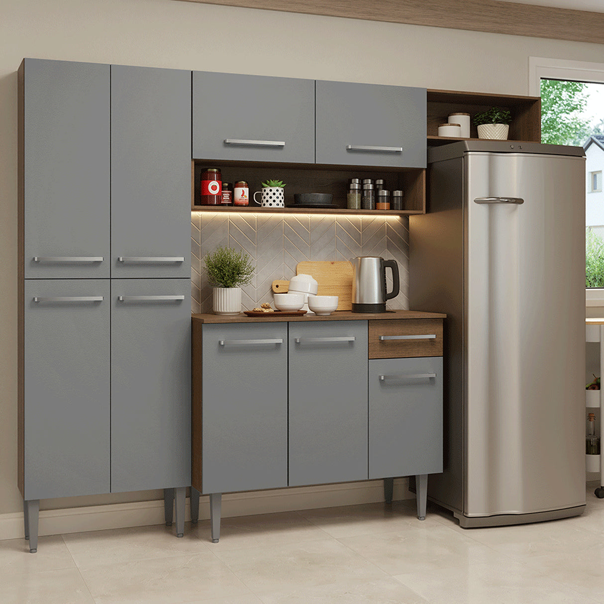 Cocina Integral Emily Marrón y Gris 229x186cm con Mesón de Madera Aglomerada Mdp con Nueve Puertas y sin Estufa