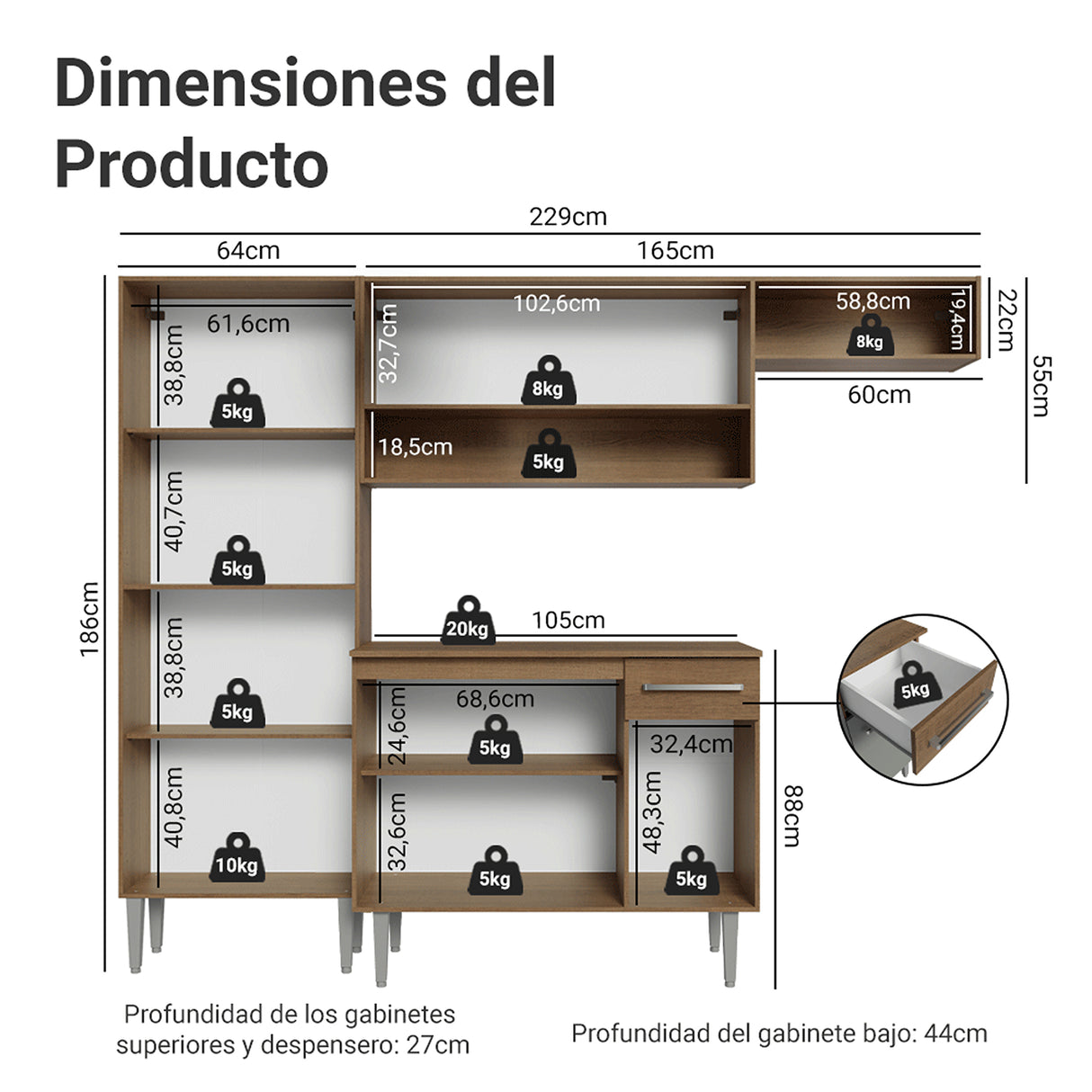 Cocina Integral Emily Marrón y Gris 229x186cm con Mesón de Madera Aglomerada Mdp con Nueve Puertas y sin Estufa