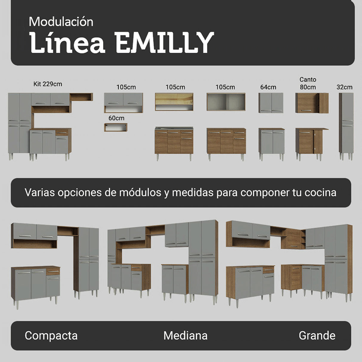 Cocina Integral Emily Marrón y Gris 229x186cm con Mesón de Madera Aglomerada Mdp con Nueve Puertas y sin Estufa