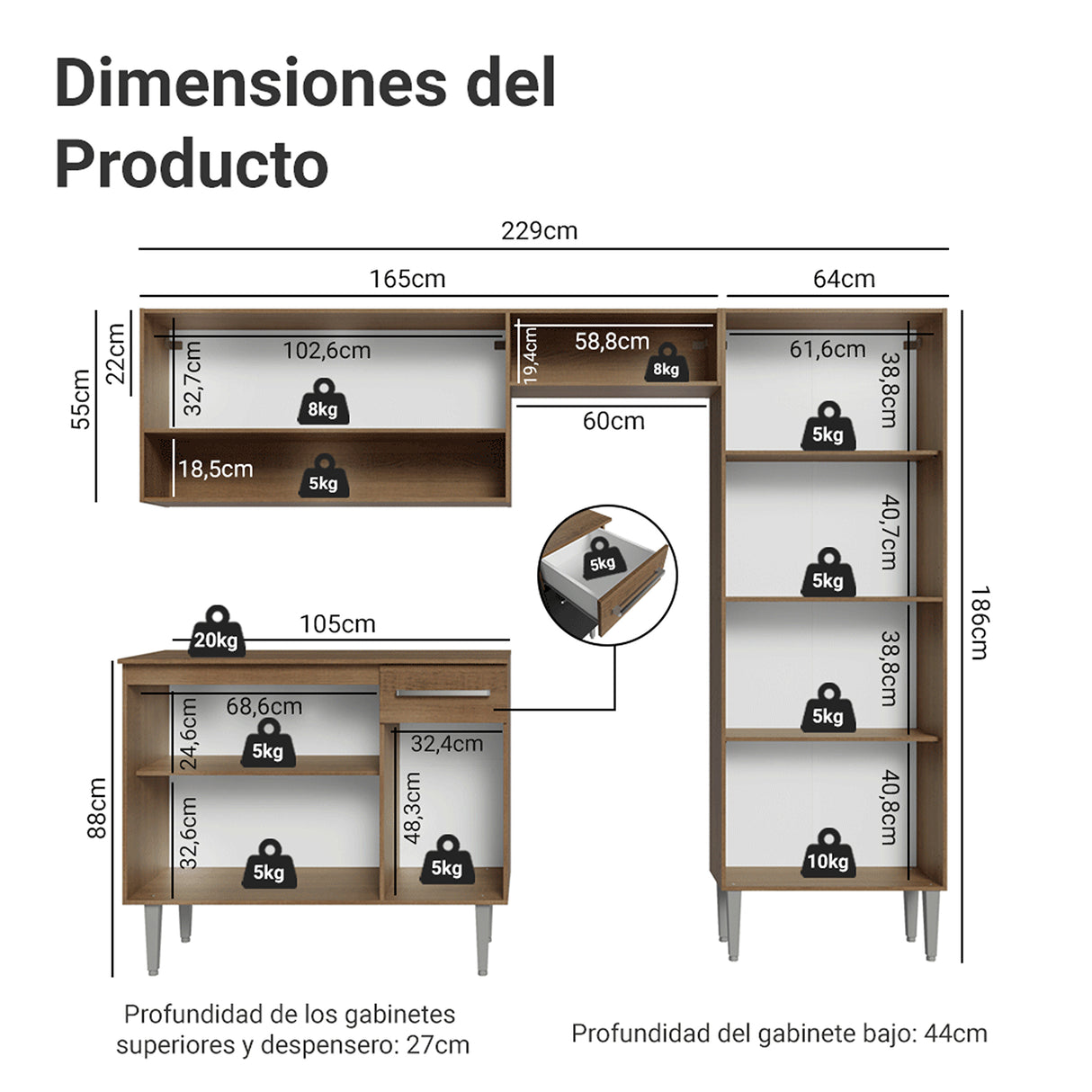 Cocina Integral Emily Marrón 229x186cm con Mesón de Madera Aglomerada Mdp y sin Estufa