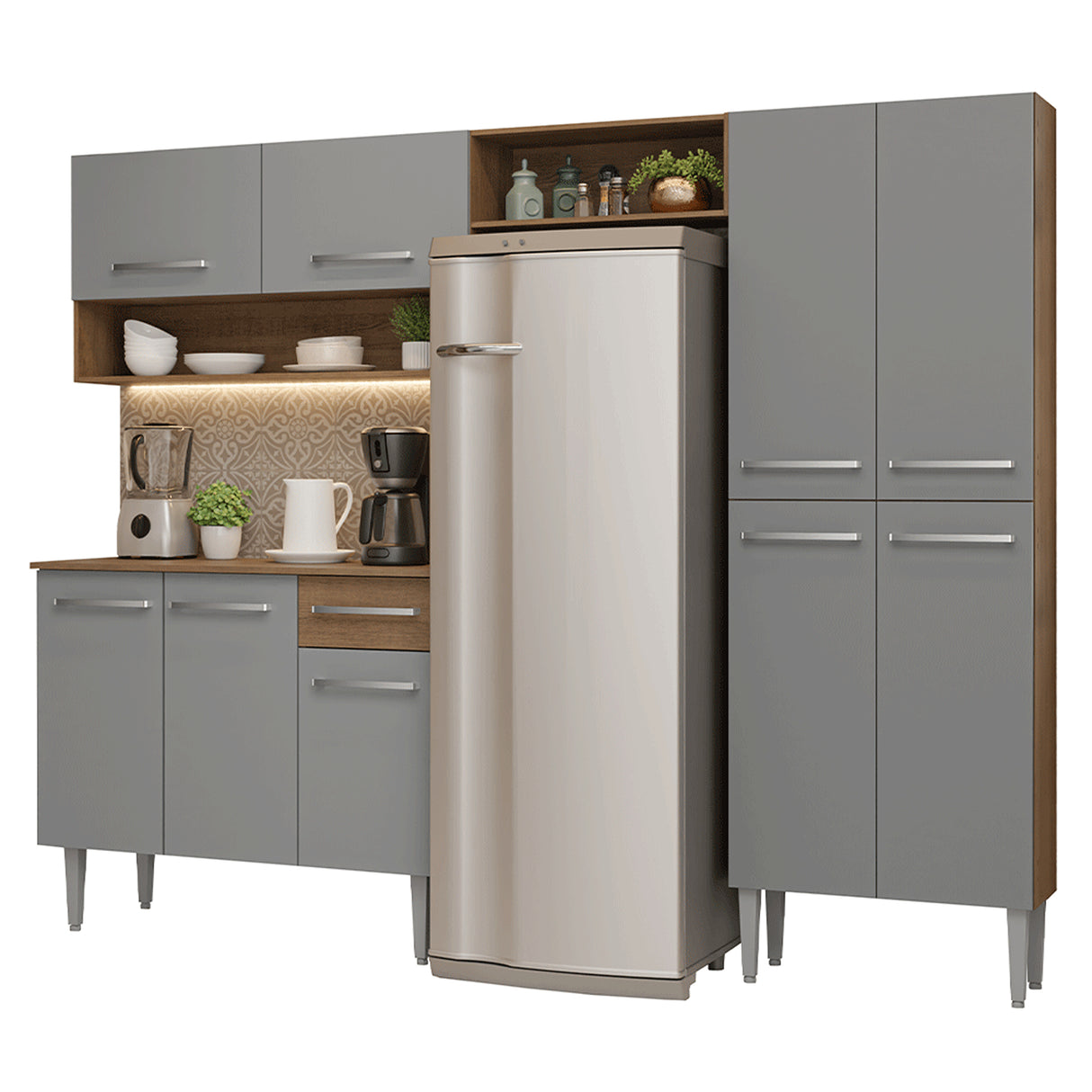 Cocina Integral Emily Marrón y Gris 229x186cm con Mesón de Madera Aglomerada Mdp y sin Estufa