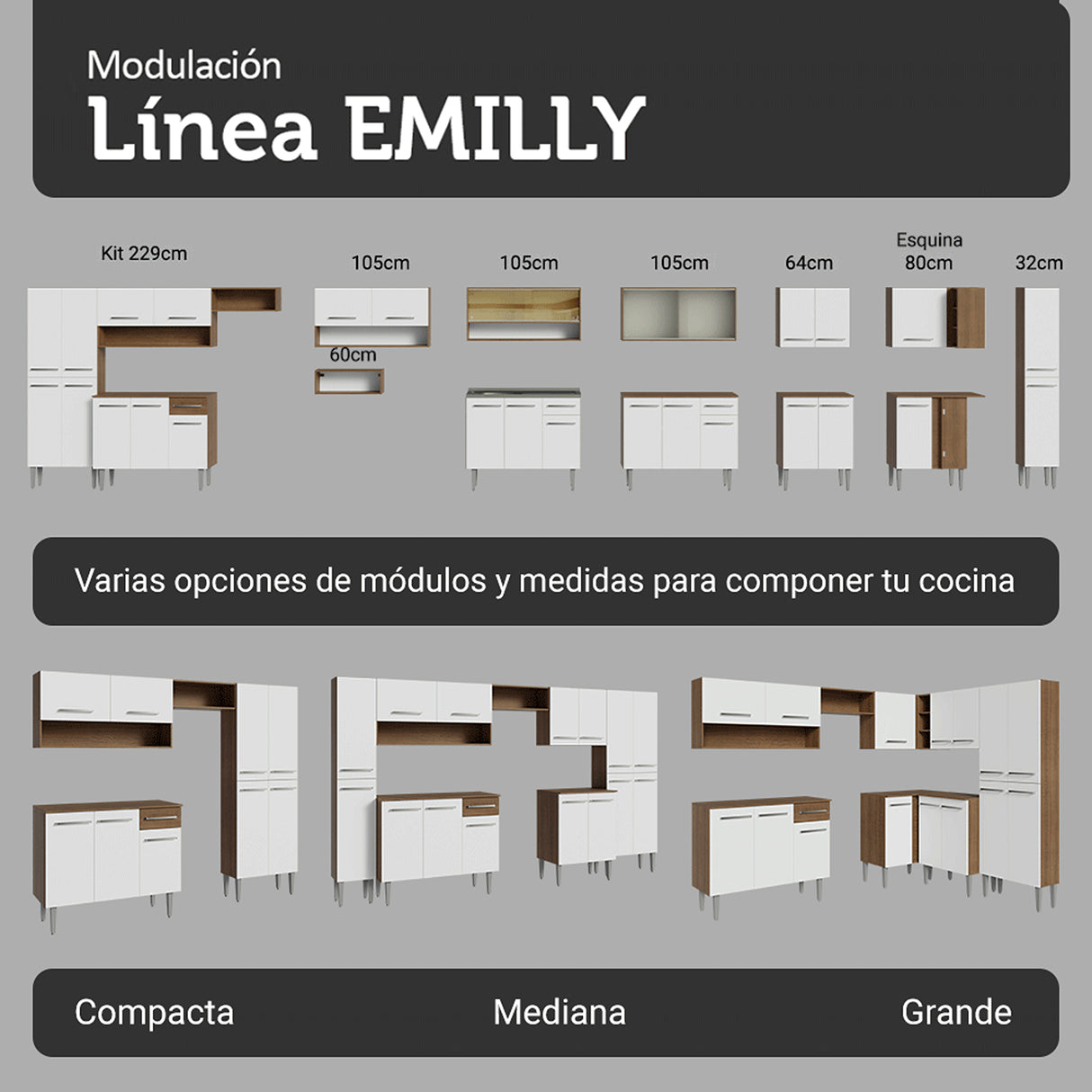 Cocina Integral Emily Marrón y Blanco 229x210cm con Mesón de Madera Aglomerada Mdp y sin Estufa