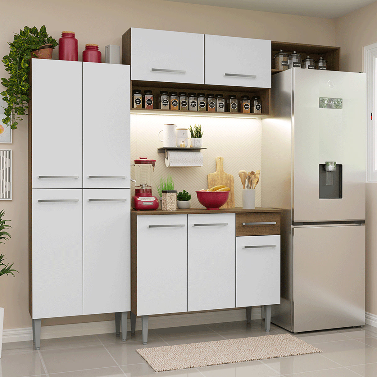 Cocina Integral Emily Marrón y Blanco 229x210cm con Mesón de Madera Aglomerada Mdp y sin Estufa