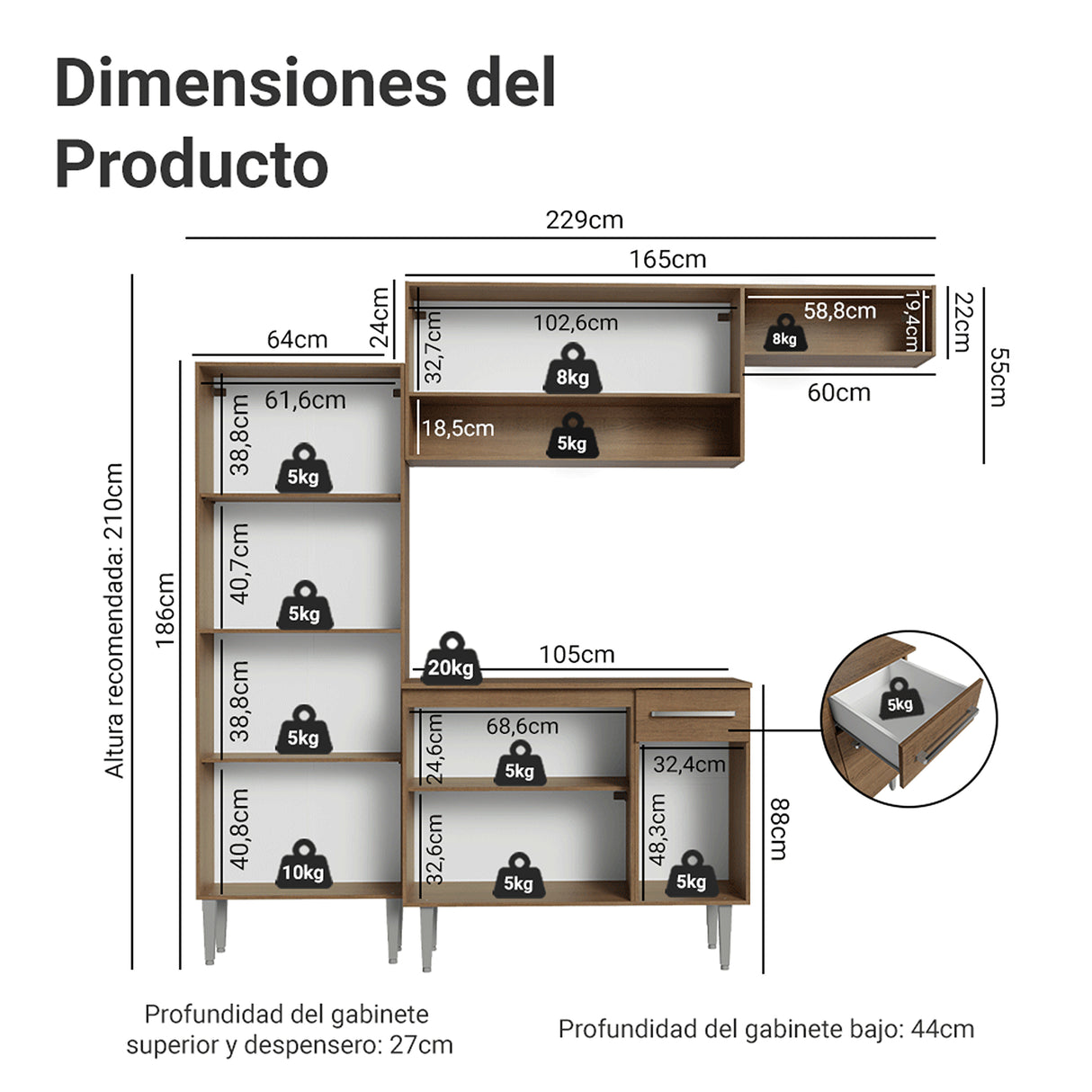 Cocina Integral Emily Marrón y Blanco 229x210cm con Mesón de Madera Aglomerada Mdp y sin Estufa