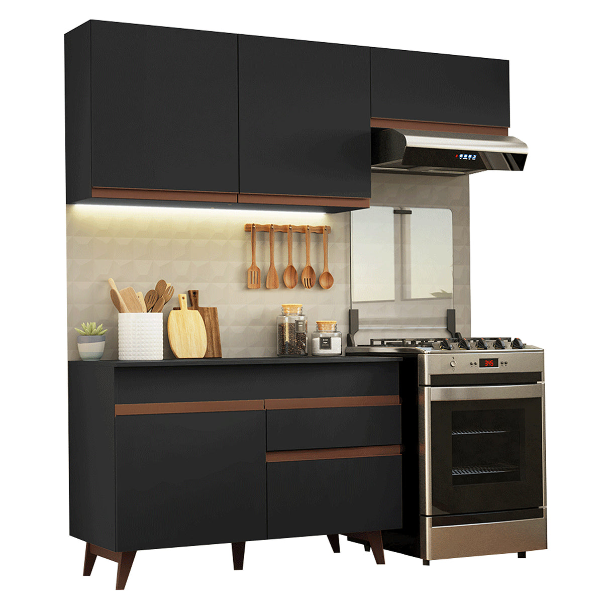 Cocina Integral Reims Negro 190x210cm con Mesón de Madera Aglomerada Mdp con Cinco Puertas y sin Estufa