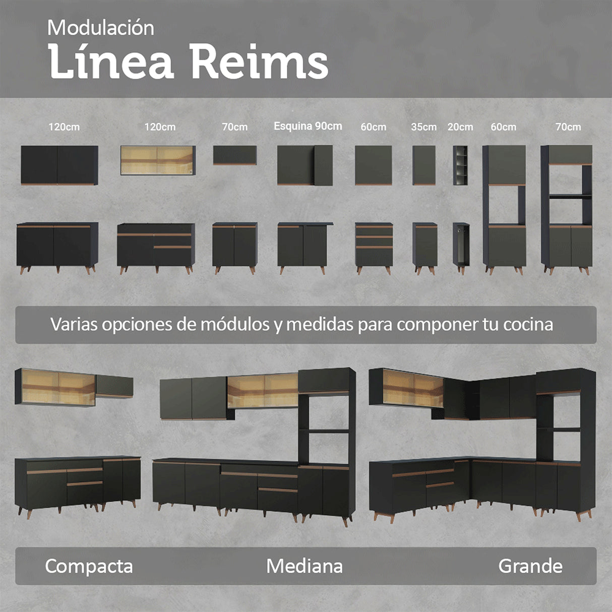 Cocina Integral Reims Negro 190x210cm con Mesón de Madera Aglomerada Mdp con Cinco Puertas y sin Estufa