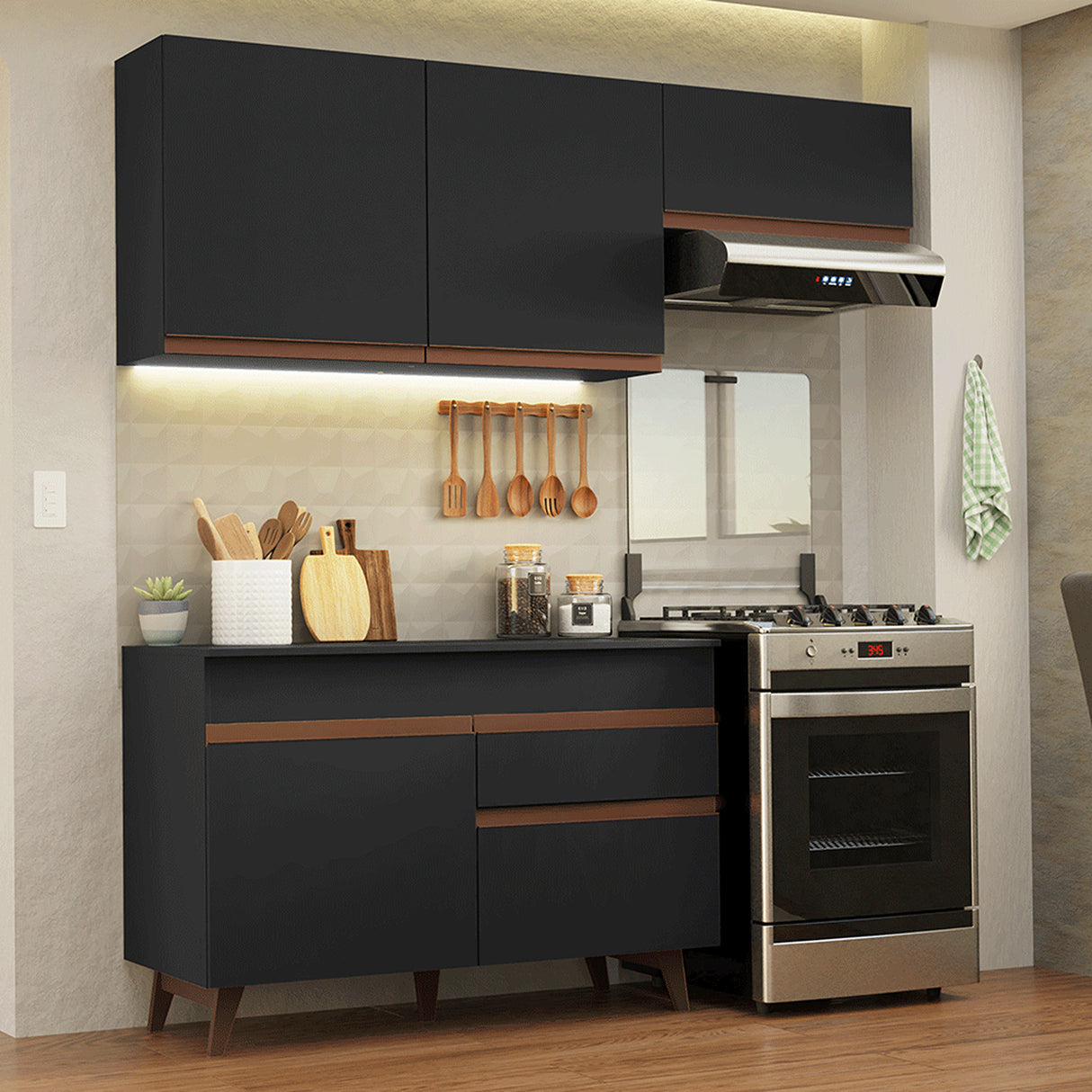 Cocina Integral Reims Negro 190x210cm con Mesón de Madera Aglomerada Mdp con Cinco Puertas y sin Estufa