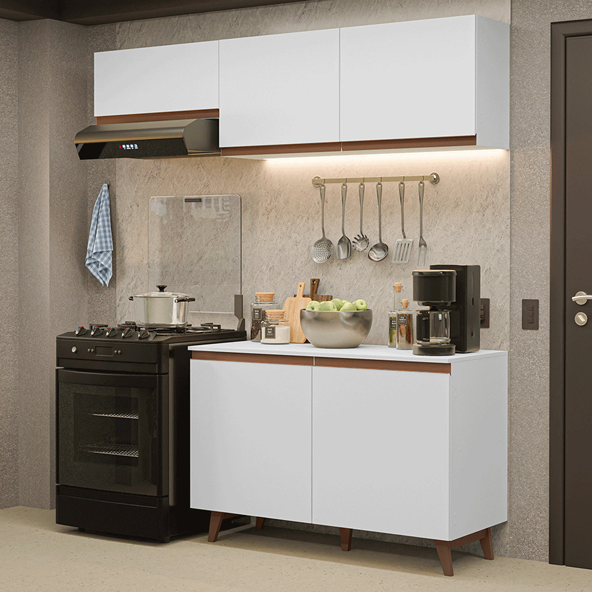 Cocina Integral Reims Blanco 190x225cm con Mesón de Madera Aglomerada Mdp y sin Estufa