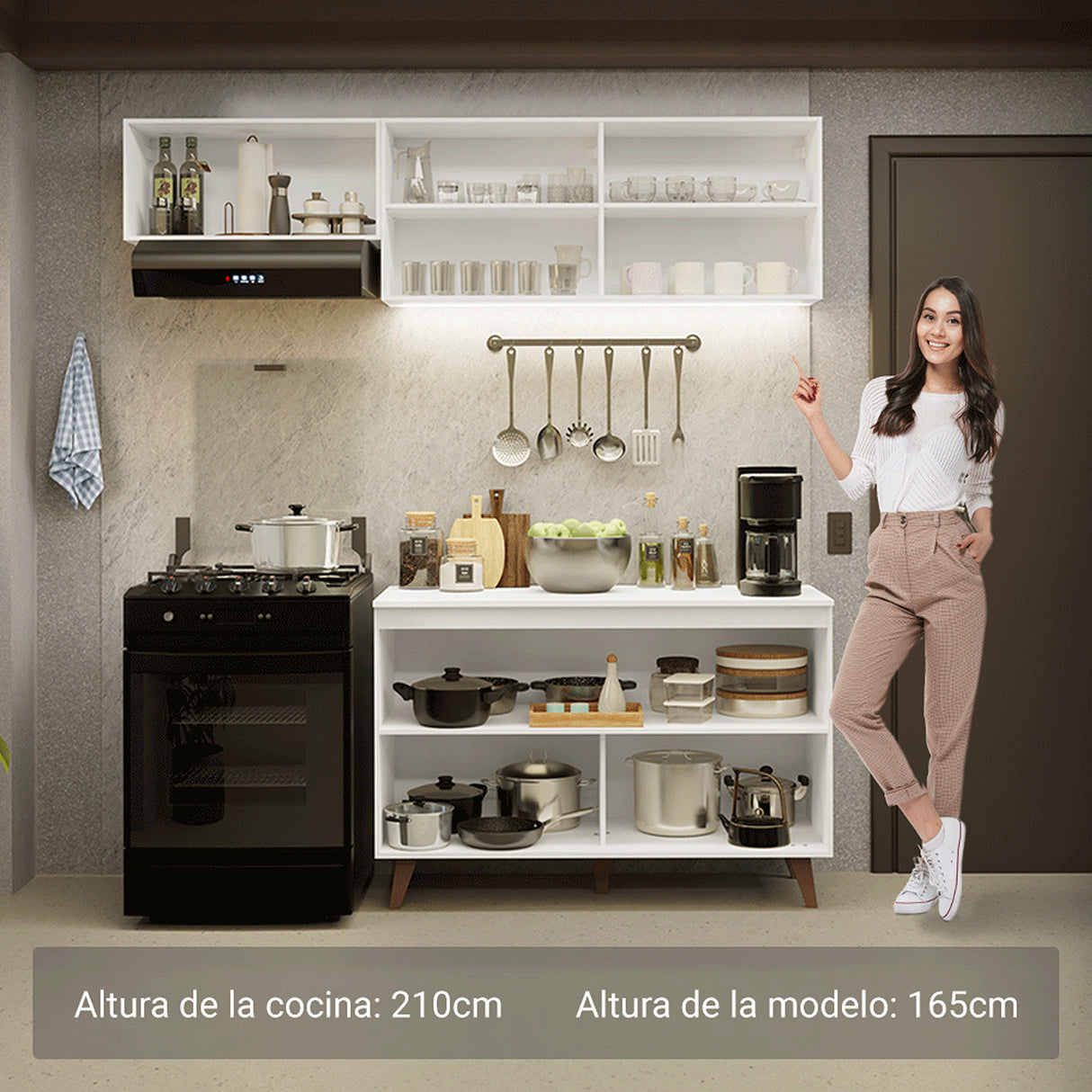 Cocina Integral Reims Blanco 190x225cm con Mesón de Madera Aglomerada Mdp y sin Estufa