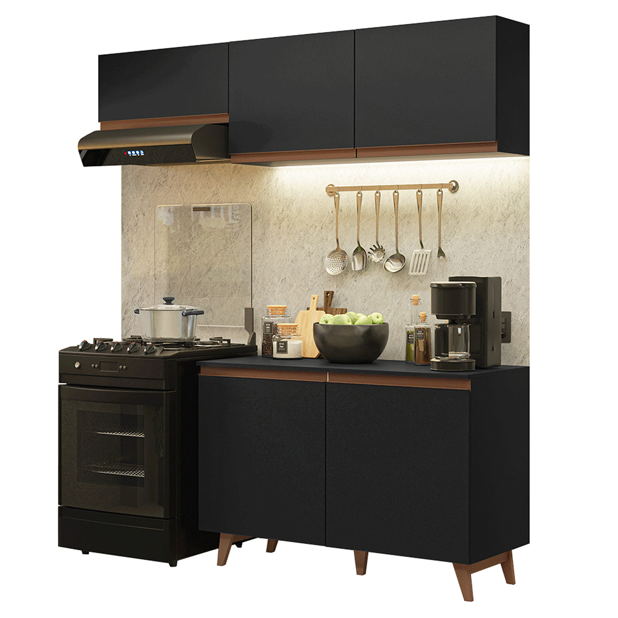 Cocina Integral Reims Negro 190x210cm con Mesón de Madera Aglomerada Mdp y sin Estufa