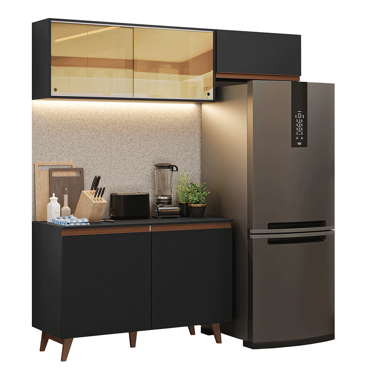 Cocina Integral Reims Negro 190x210cm con Mesón de Madera Aglomerada Mdp con Dos Puertas Inferiores y sin Estufa