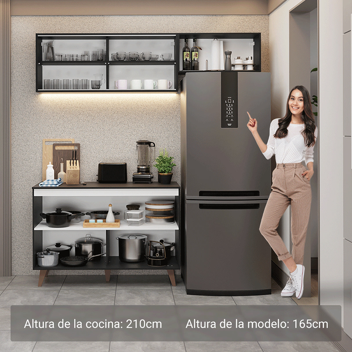 Cocina Integral Reims Negro 190x210cm con Mesón de Madera Aglomerada Mdp con Dos Puertas Inferiores y sin Estufa