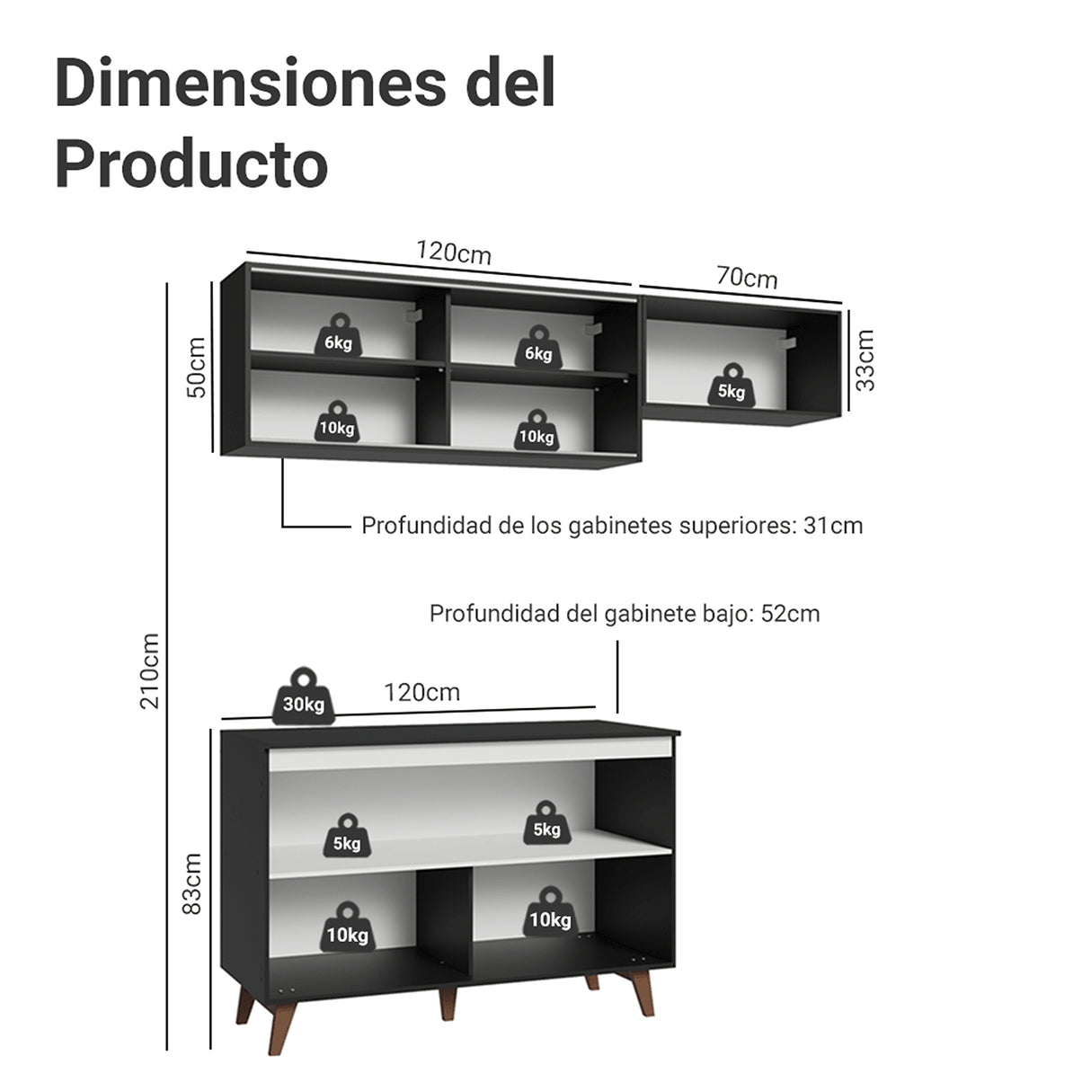 Cocina Integral Reims Negro 190x210cm con Mesón de Madera Aglomerada Mdp con Dos Puertas Inferiores y sin Estufa