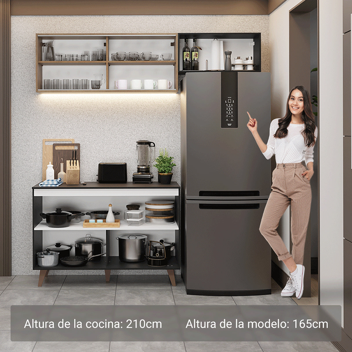 Cocina Integral Reims Negro y Marrón 190x210cm con Mesón de Madera Aglomerada Mdp y sin Estufa