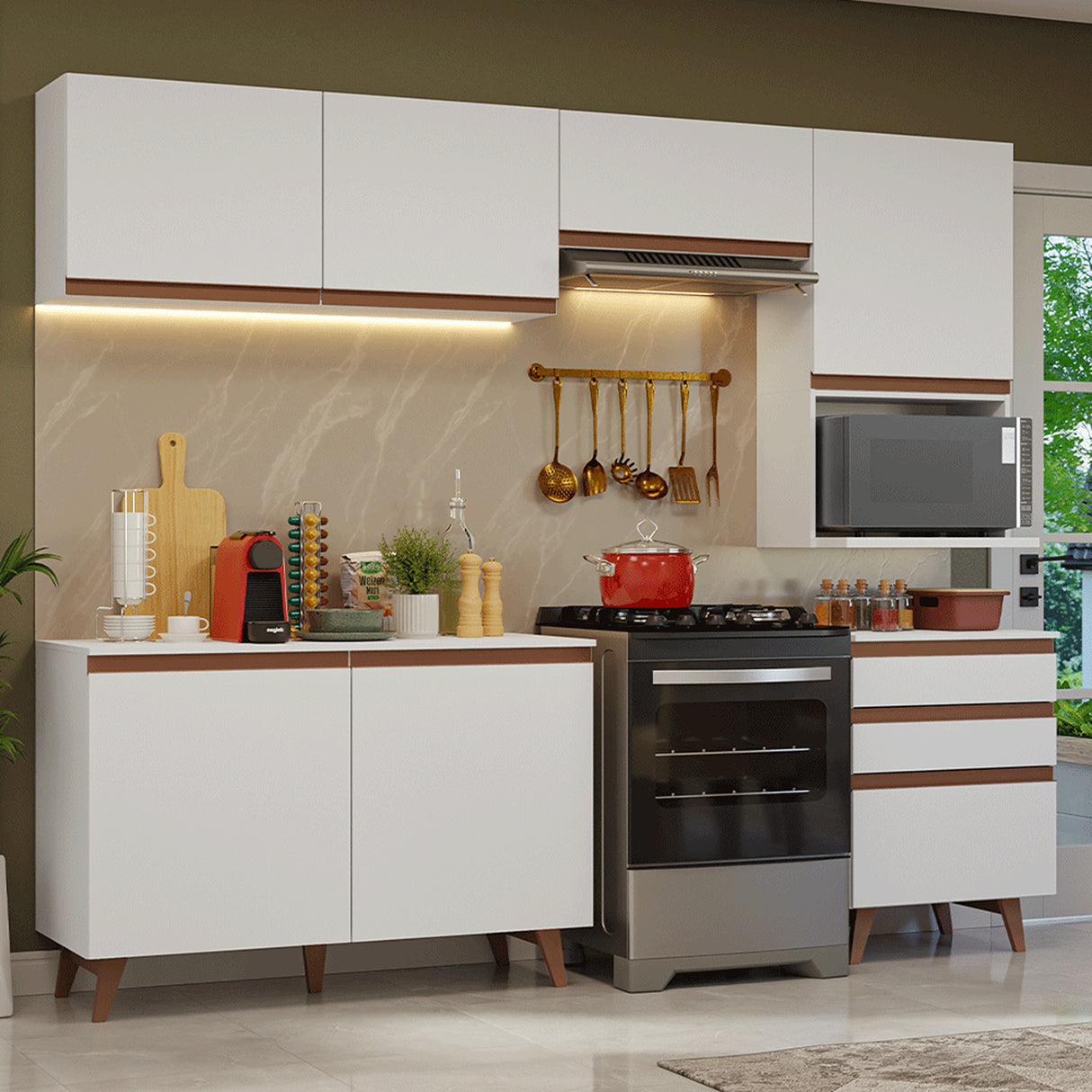 Cocina Integral Reims Blanco 250x210cm con Mesón de Madera Aglomerada Mdp y sin Estufa