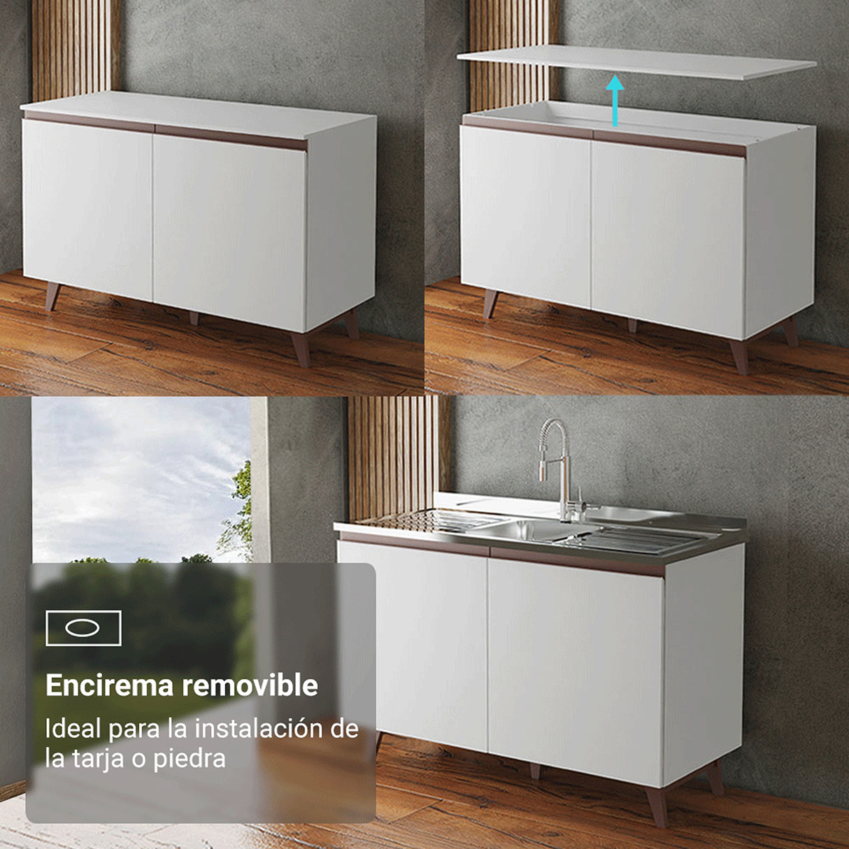 Cocina Integral Reims Blanco 250x210cm con Mesón de Madera Aglomerada Mdp con Espacio para Microondas Izquierdo y sin Estufa