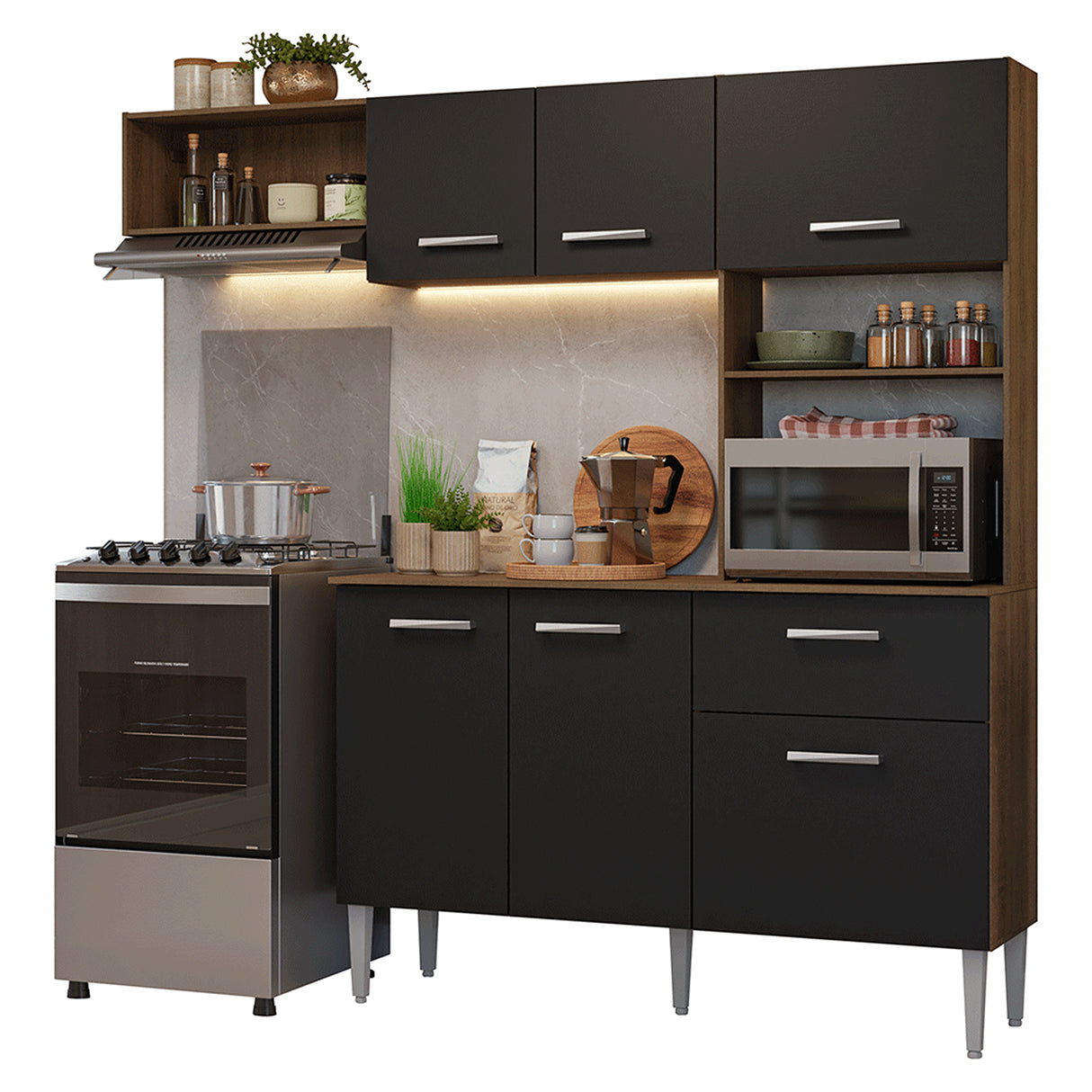 Cocina Integral Aura Marrón y Negro 196x187cm con Mesón de Madera Aglomerada Mdp y sin Estufa