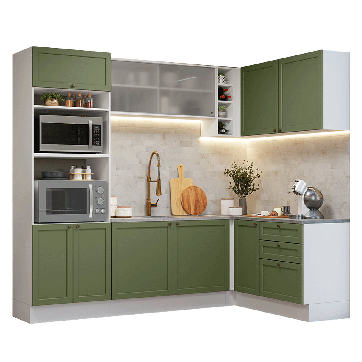 Cocina Integral Vik Blanco y Verde 399x225cm sin Mesón para Pozuelo Izquierda con Puertas de Vidrio y sin Estufa