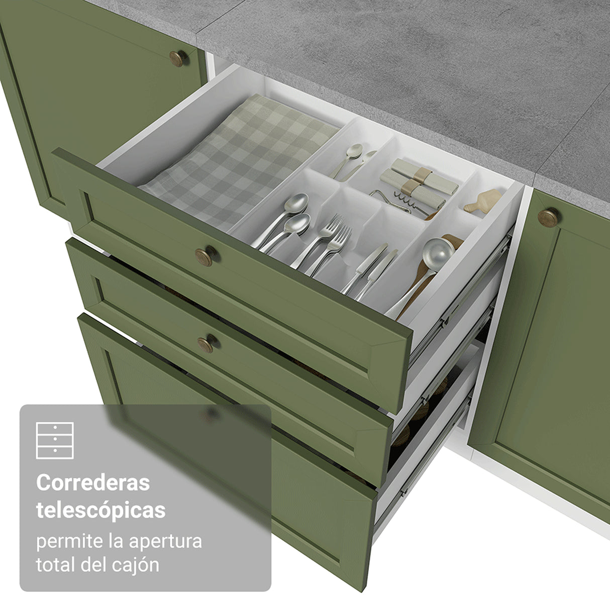 Cocina Integral Vik Blanco y Verde 399x225cm sin Mesón para Pozuelo Izquierda y sin Estufa