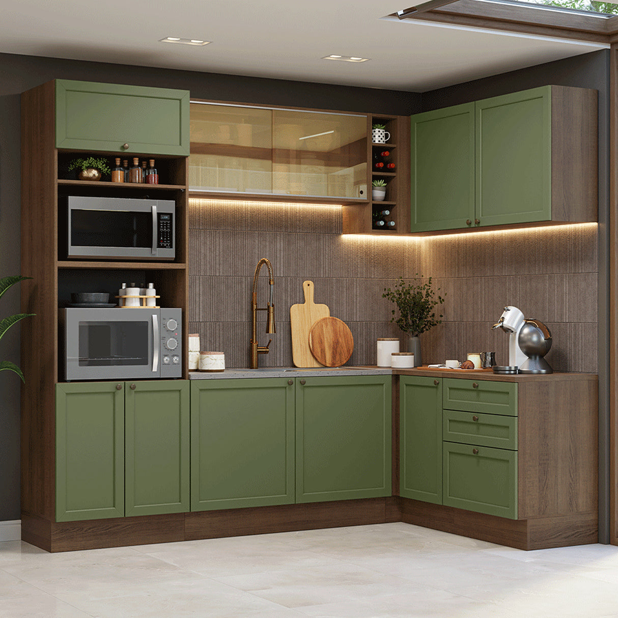 Cocina Integral Vik Marrón y Verde 399x225cm sin Mesón para Pozuelo Izquierda y sin Estufa