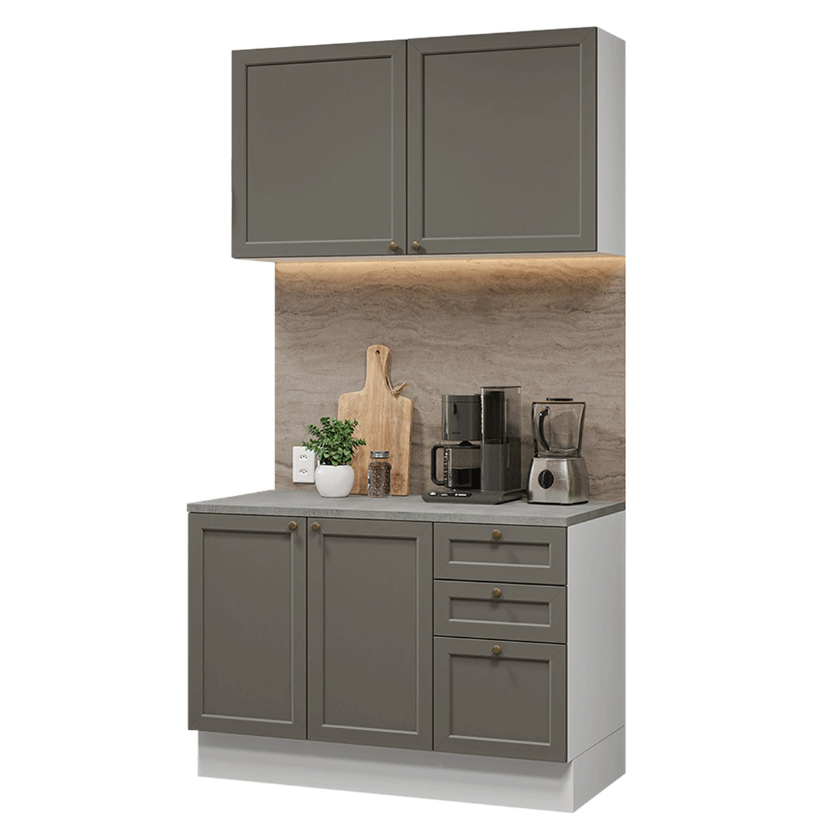 Cocina Integral Vik Blanco y Gris 120x225cm con Mesón de Madera Aglomerada Mdp y sin Estufa