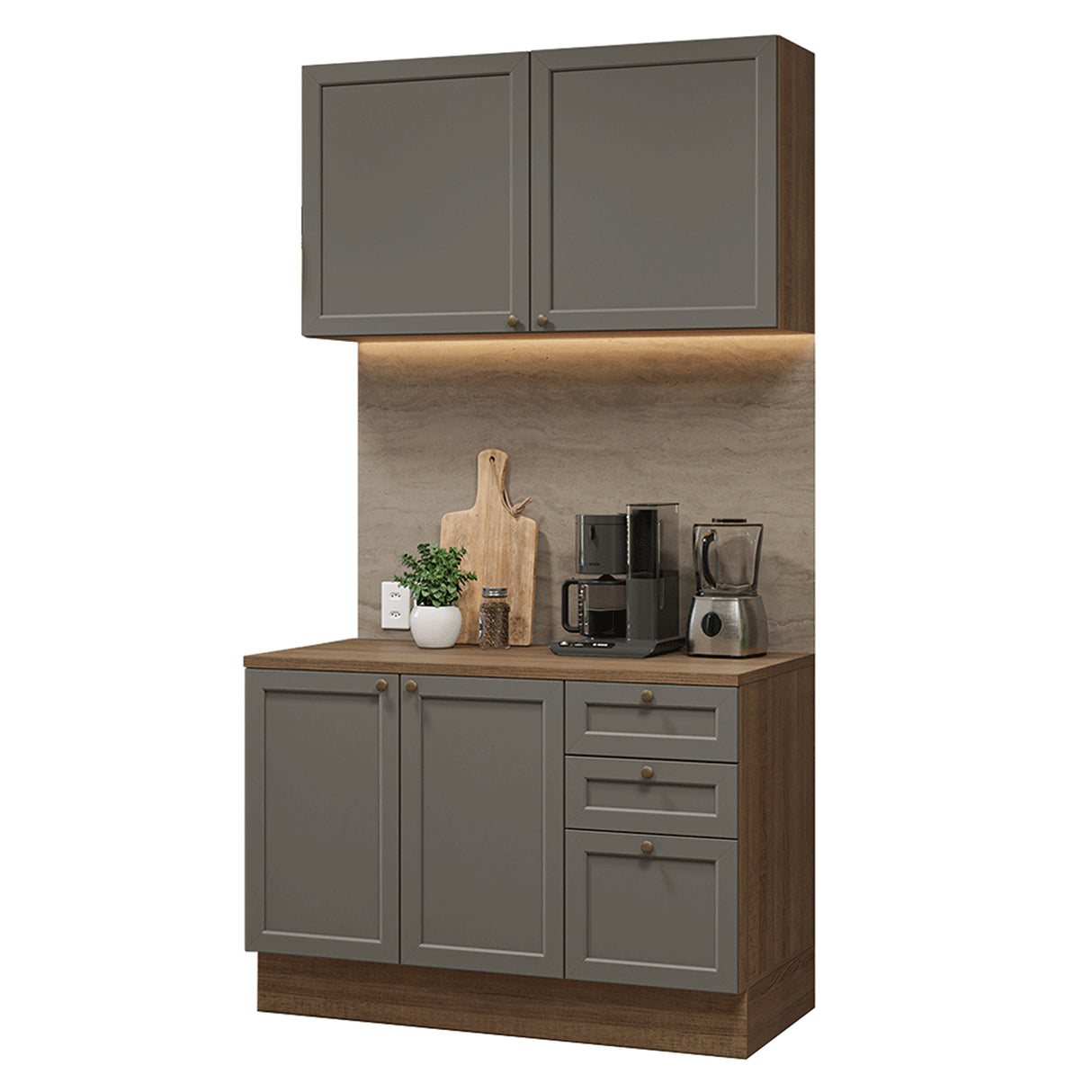Cocina Integral Vik Marrón y Gris 120x225cm con Mesón de Madera Aglomerada Mdp y sin Estufa