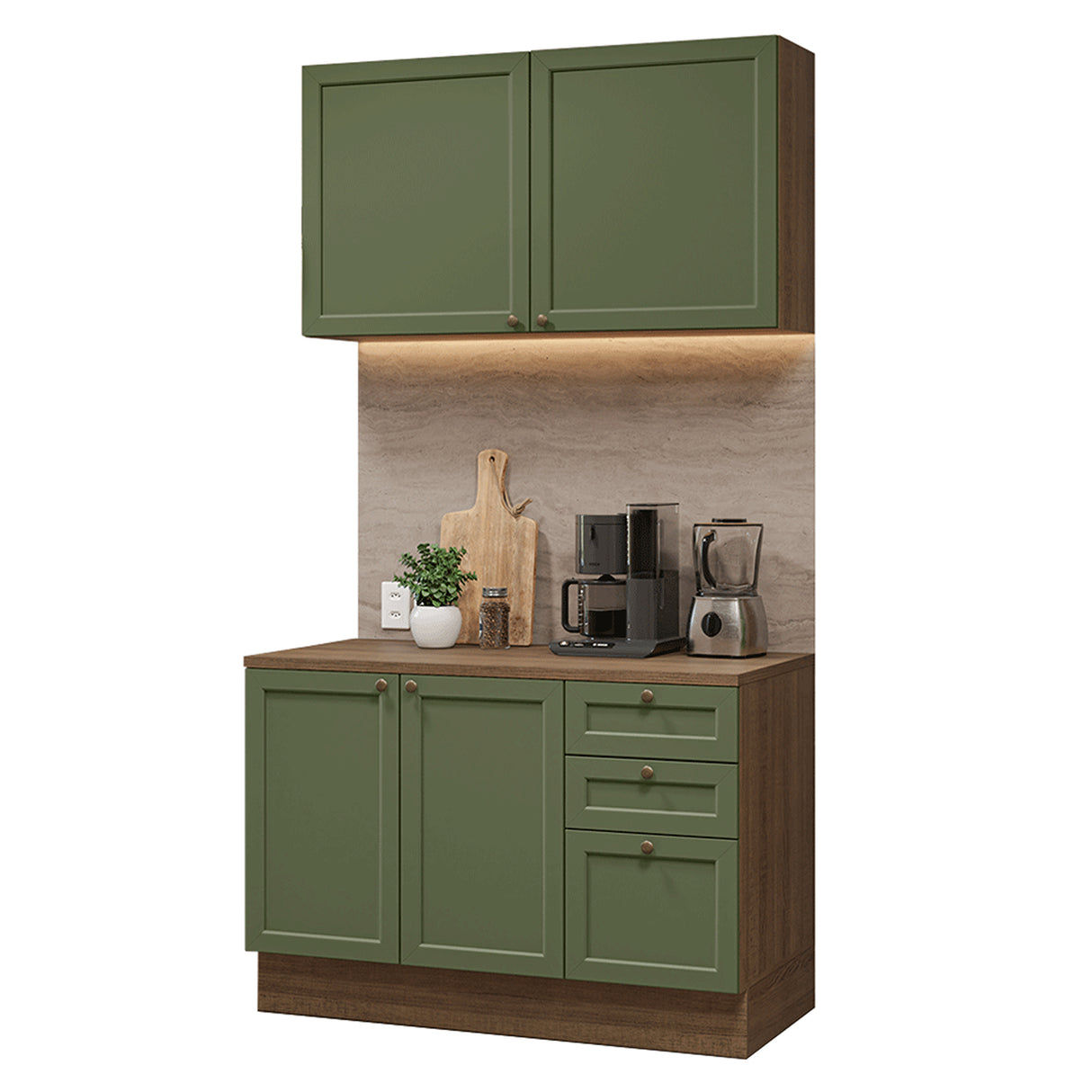 Cocina Integral Vik Marrón y Verde 120x225cm con Mesón de Madera Aglomerada Mdp y sin Estufa