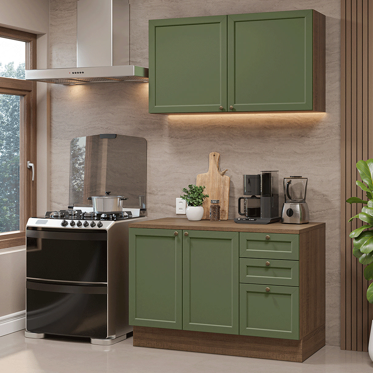 Cocina Integral Vik Marrón y Verde 120x225cm con Mesón de Madera Aglomerada Mdp y sin Estufa