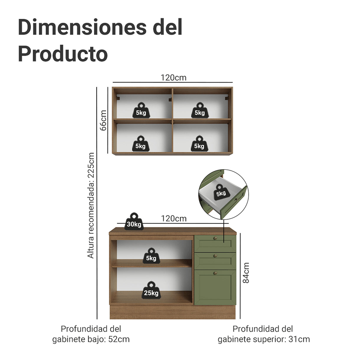 Cocina Integral Vik Marrón y Verde 120x225cm con Mesón de Madera Aglomerada Mdp y sin Estufa