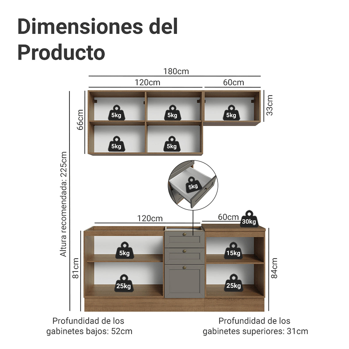 Cocina Integral Vik Marrón y Gris 180x225cm sin Mesón para Pozuelo Izquierda con Tres Puertas Inferiores y sin Estufa