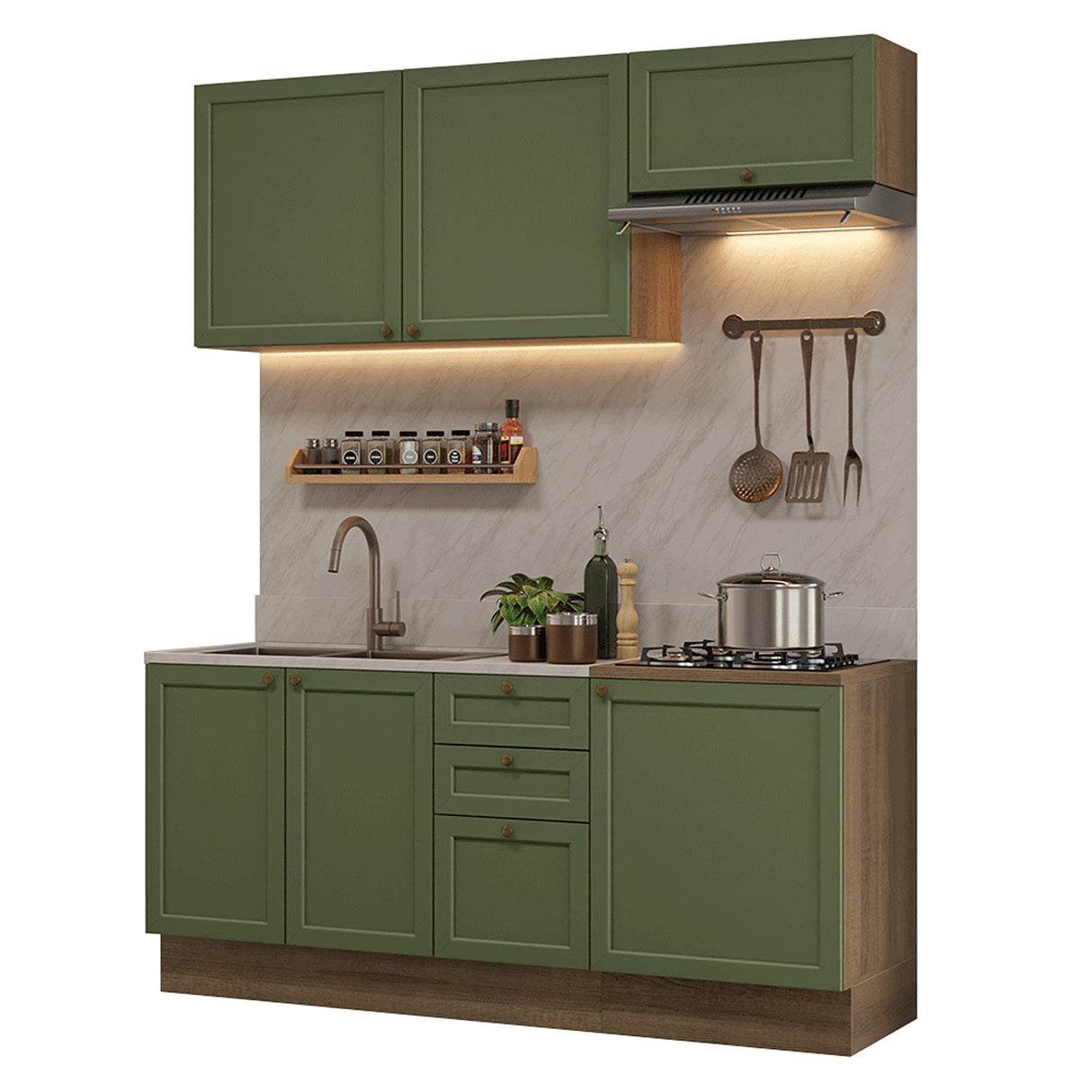 Cocina Integral Vik Marrón y Verde 180x225cm sin Mesón para Pozuelo Izquierda con Tres Puertas Inferiores y sin Estufa