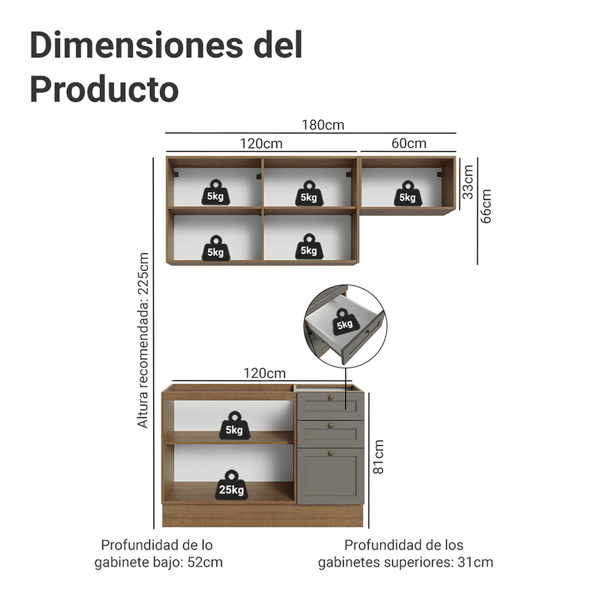 Cocina Integral Vik Marrón y Gris 180x225cm sin Mesón para Pozuelo Izquierda con Dos Puertas Inferiores y sin Estufa