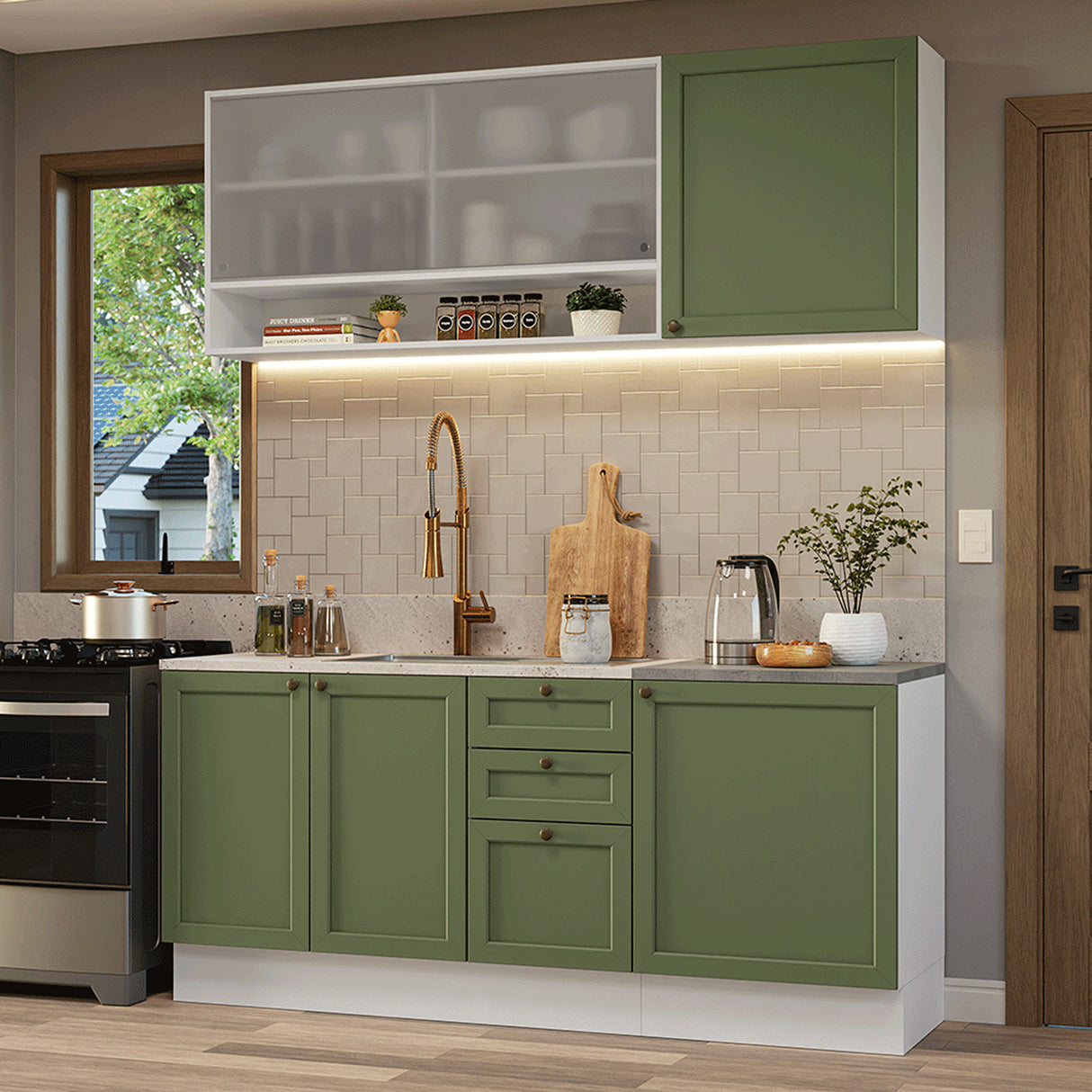 Cocina Integral Vik Blanco y Verde 180x225cm sin Mesón para Pozuelo Izquierda con Puertas de Vidrio y sin Estufa